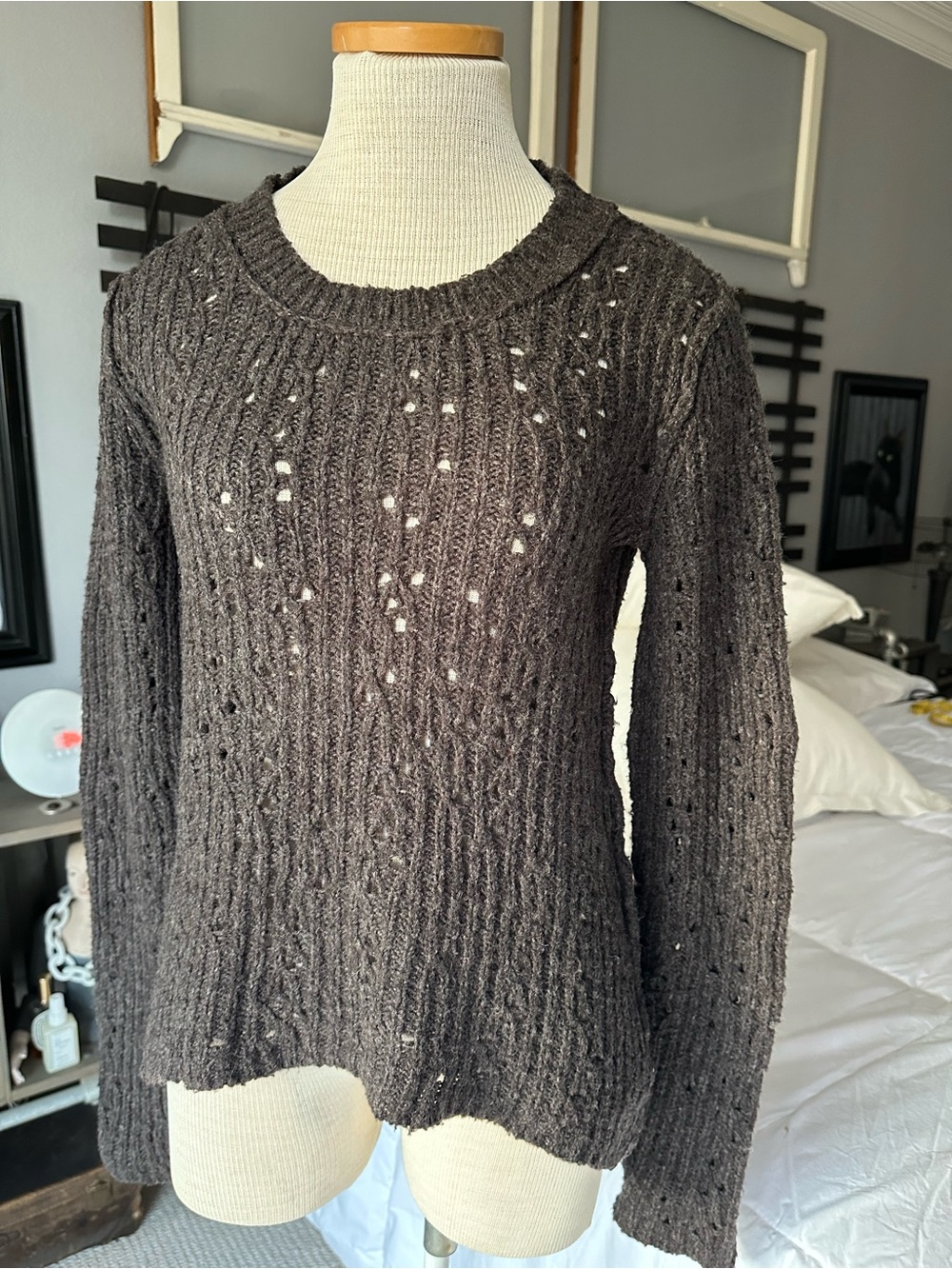 Free People chocolate brown Open-Knit Crewneck Sweater, size small